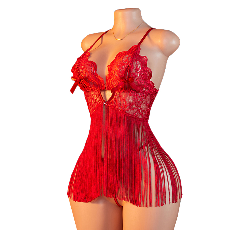 Sheer Bra Lace - Transparent Lace Women Red Strap Tassel