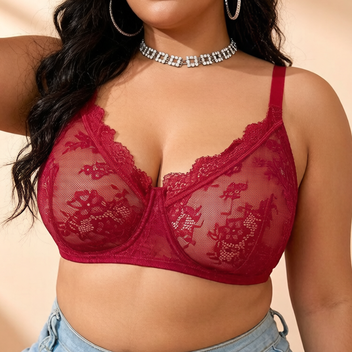 Women Plus Size Red Lace Sheer - Sheer Bra Lace 评论和价格