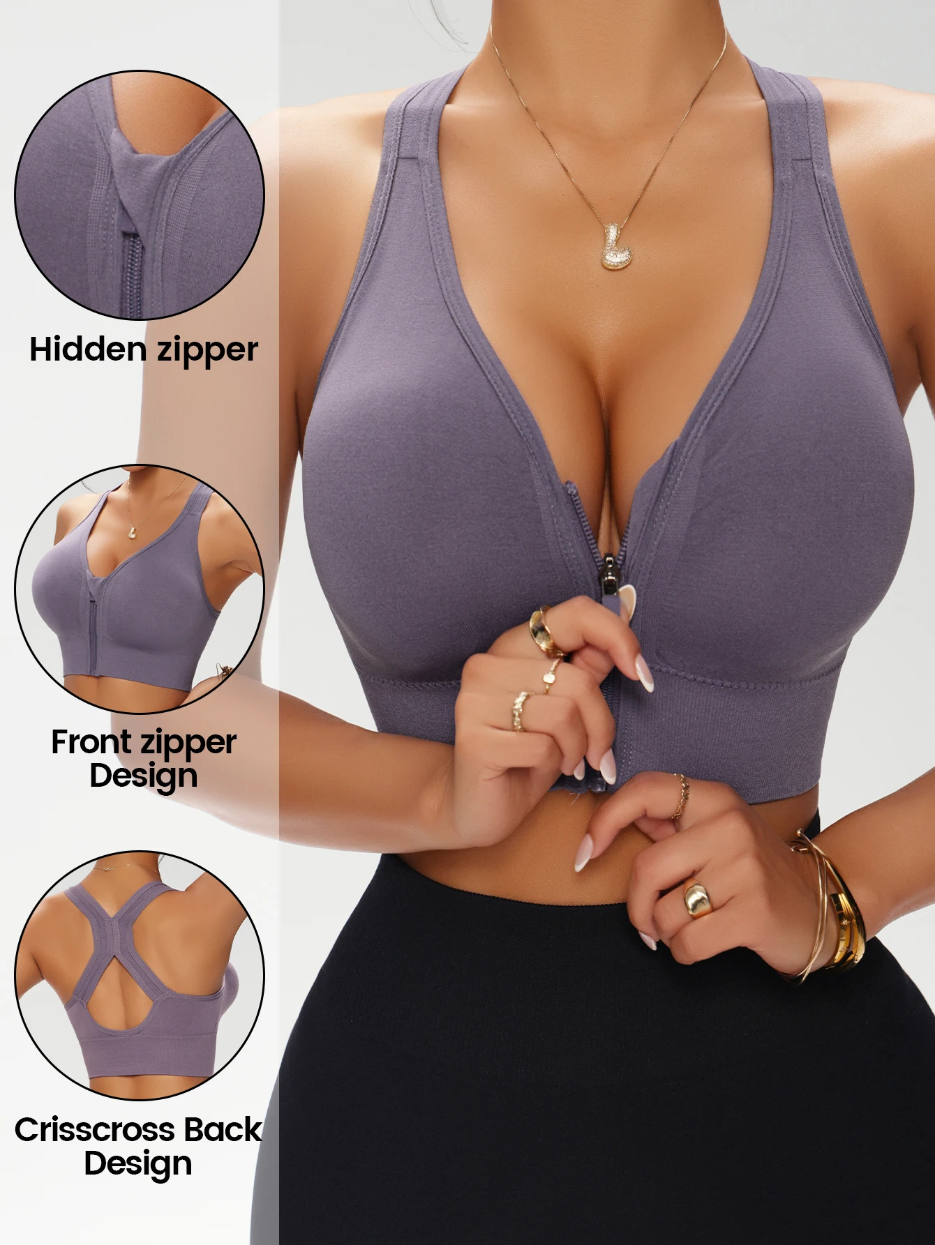 Women's Zip Front Solid Color  - Underwire Bra Padded 评论和价格