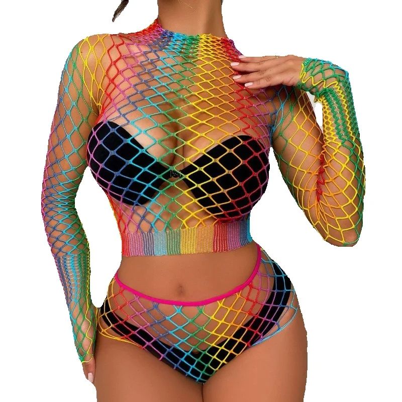 Sexy Rainbow Mesh Lingerie Set - Sheer Bra Lace 评论和价格