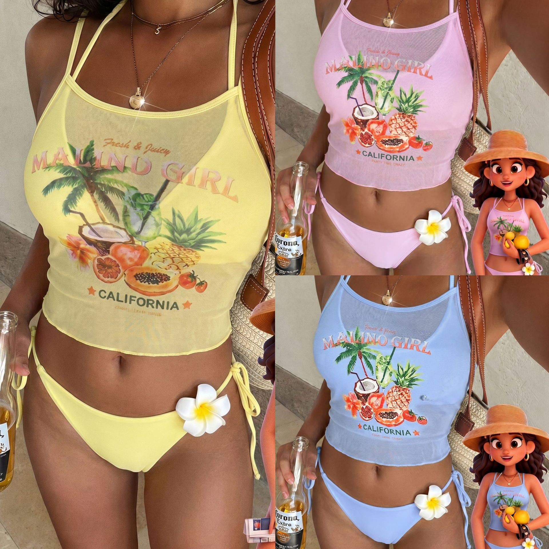 Fruit Print Bikini Bra Top Pas - Sheer Mesh Bra 评论和价格